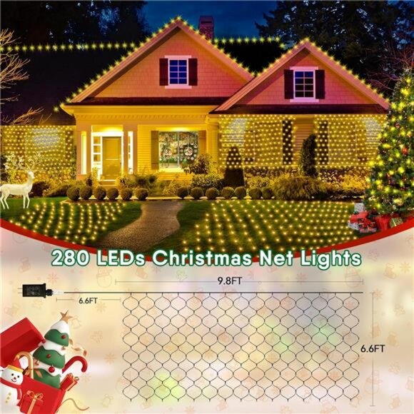 Christmas Net Lights, 280 LED Mesh Lights 9.8FT x 6.6FT 8 Modes Waterproof - Picture 6 of 7
